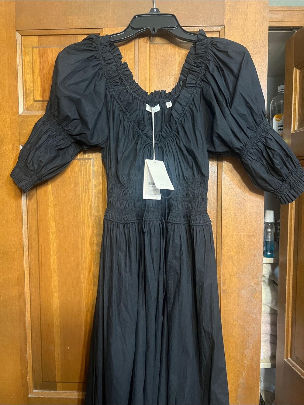 Doen Black Smocked Midi Dress with Puff Sleeves